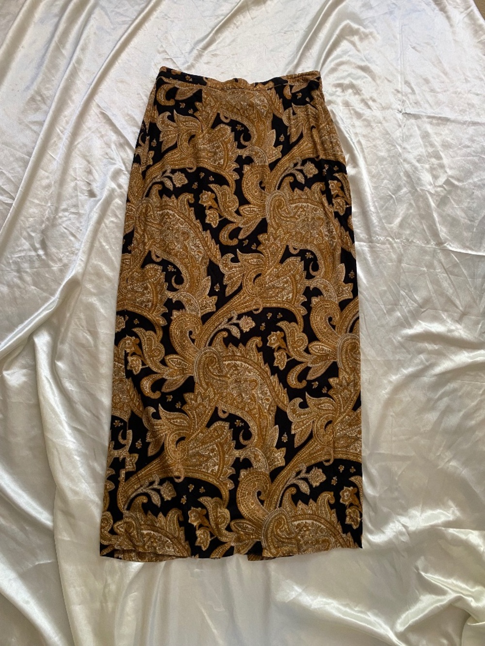 Vintage 1990s Black Brown Paisley Maxi Skirt Boho Size Medium